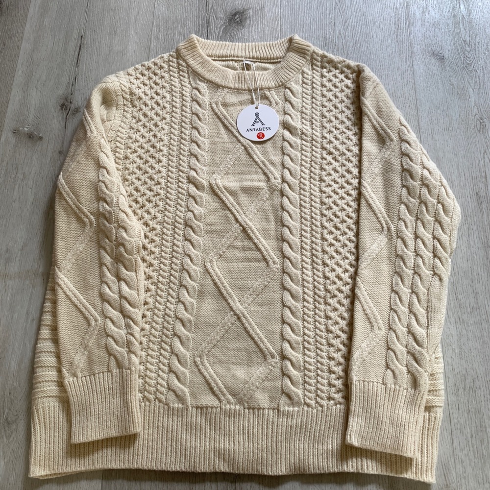 Anrabess Cream Cable‎ Knit Sweater Womens Small TL00071 Chunky Diamond Pullover
